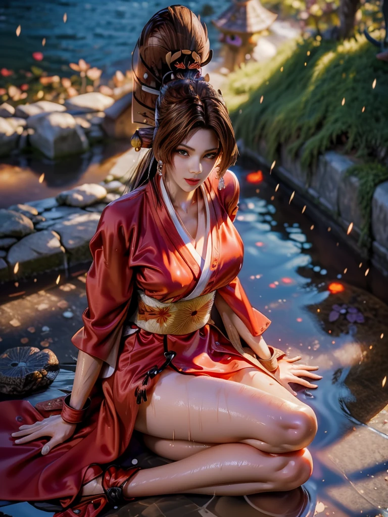 (exquisitely detailed CG unity 8k wallpaper, masterpiece-quality with stunning realism), (best illumination, best shadow), (best quality), (elegant style:1.2), Arti modern anime. angled view, heroic pose, midshot, (cel-shading style:1.3), centered image, ultra detailed closeup portrait of (Mai Shiranui:1) from (King of Fighters), best quality, expressive eyes, perfect face, highres, (ultra details), 1 girl, solo, (brown hair:1), hair ornament, eyeshadow, gold, white and red qipao, highly ornamented, in the city of Japan, portrait, looking at the viewer, piercing eyes, full body, (light from the angle:1) (wind blowing:1.2).(depth of field effects:1.3) (motion action:1.2) (closeup:1.2) (motion blur effects:1), spreading feet, Thin to transparent,see-through,(((Soggy-kimono:1.2))),Lace fabric, (((water-immersed body: 0.9))),jewelry, lying on the ground, (holding an oriental fan:1), (sitting:1) (hands down:1)
