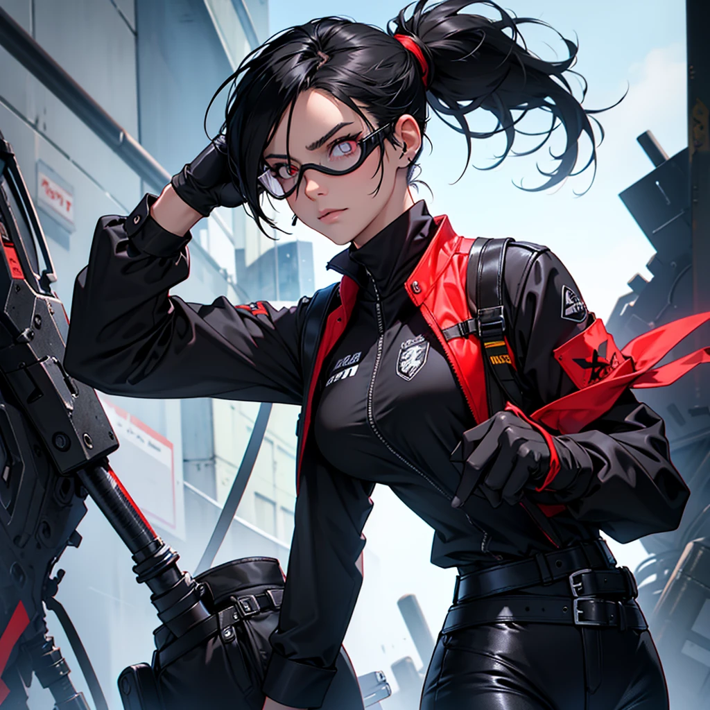 A 34-year-old scientist woman with black hair tied in a ponytail and a skinny. There is a scar on the right side of her face. She wears goggles with bright red lenses. She wears a black leather gown and black leather gloves. Under the shirt is a long-sleeved gray shirt and black straight-legged pants. She has hawk-like eyes.