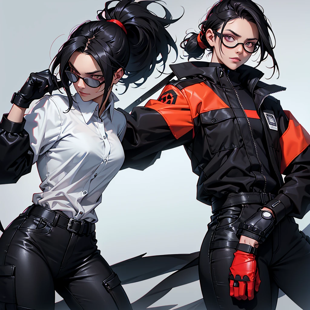A 34-year-old scientist woman with black hair tied in a ponytail and a skinny. There is a scar on the right side of her face. She wears goggles with bright red lenses. She wears a black leather gown and black leather gloves. Under the shirt is a long-sleeved gray shirt and black straight-legged pants. She has hawk-like eyes.