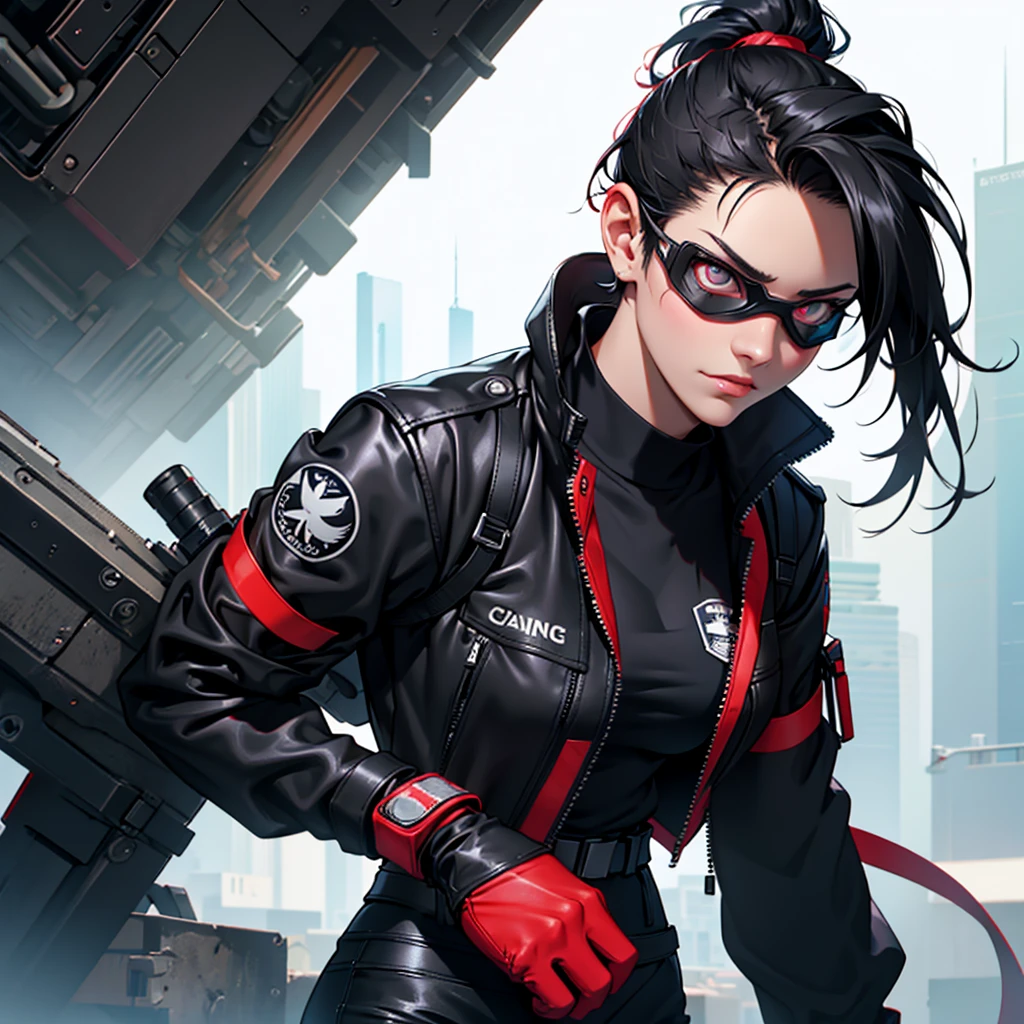 A 34-year-old scientist woman with black hair tied in a ponytail and a skinny. There is a scar on the right side of her face. She wears goggles with bright red lenses. She wears a black leather gown and black leather gloves. Under the shirt is a long-sleeved gray shirt and black straight-legged pants. She has hawk-like eyes.