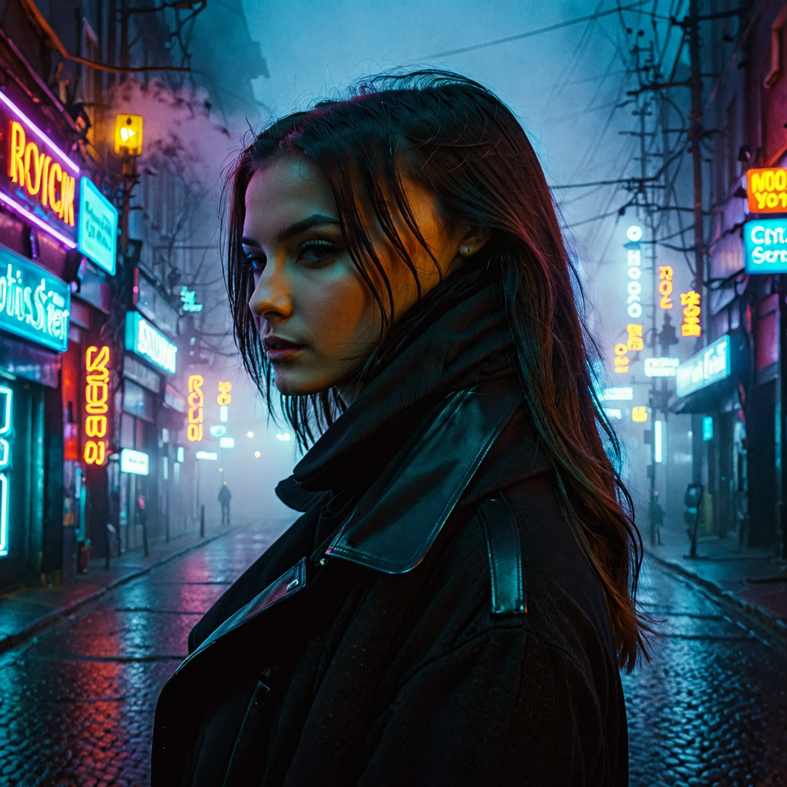 city street, neon, fog, volumetric, closeup portrait photo of young woman in dark clothes