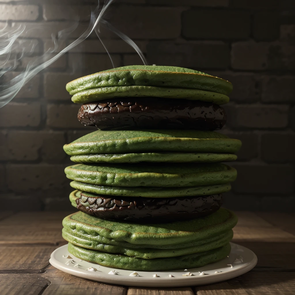 Generate soft textured green pancakes (surface is non-symmetrical) folded on both ends and then rolled into small cylindrical shapes with grated coconut on top. served in a plate, a bit smoke. Black brick wall, lantern,milk tea on glass,studio lighting, food photography,high details,hyper fidelity