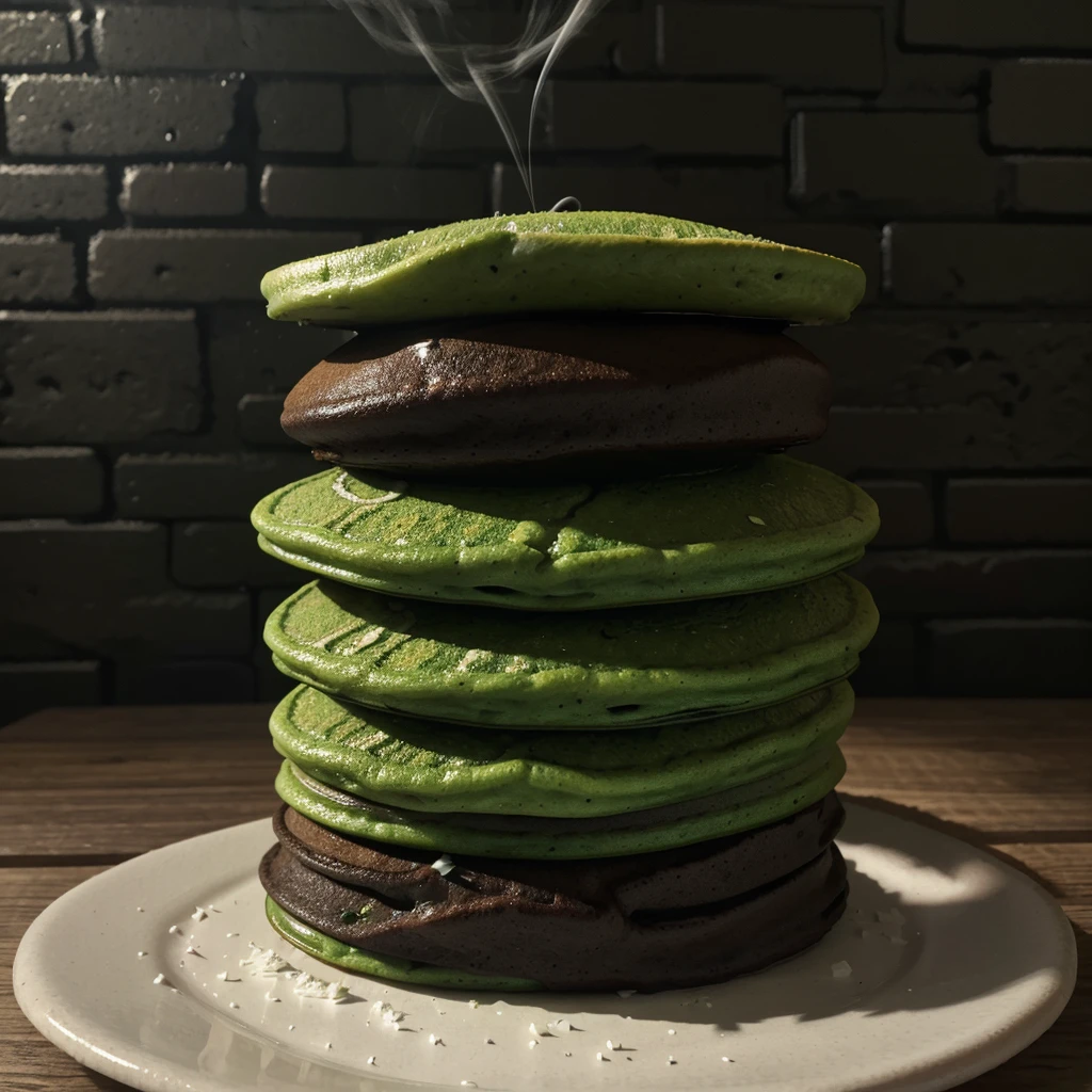 Generate soft textured green pancakes (surface is non-symmetrical) folded on both ends and then rolled into small cylindrical shapes with grated coconut on top. served in a plate, a bit smoke. Black brick wall, lantern,milk tea on glass,studio lighting, food photography,high details,hyper fidelity