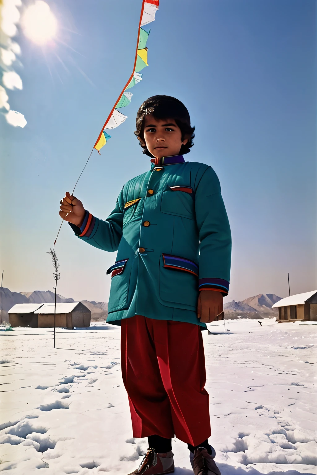 Afghanistan, 1975. A little ((((12-year-old)) Amir)), boy, playing in the snow, flying a kite, ((((clothings from the 1970s)))), ((short hairstyle of the 1970s)), ((colorful, Monet))