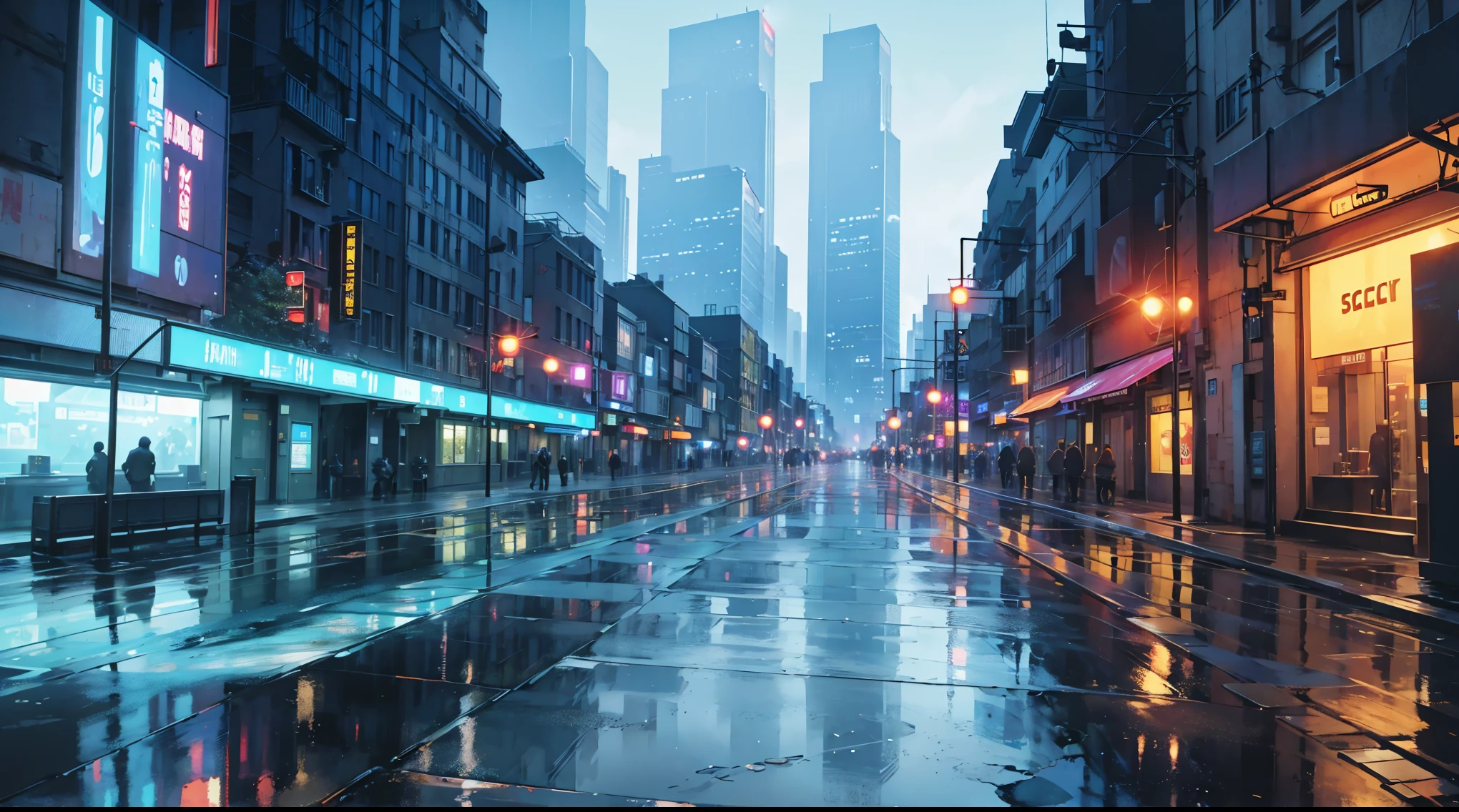 cityscape background. Lots of LED lights, Illuminating the night, Reflection of buildings in puddles on the ground. Movie, 8K, Rich in details