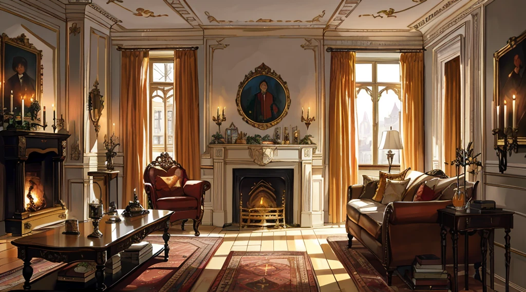 (best quality,masterpiece:1.2,detailed details,4k),Middle Ages, a gorgeous mafia boss's office,,Interior, victorian Manor with reliquies, (((Nigth))), (((moonligth enters the living room))) soft pale orange palette, soft secundary exterior ligth