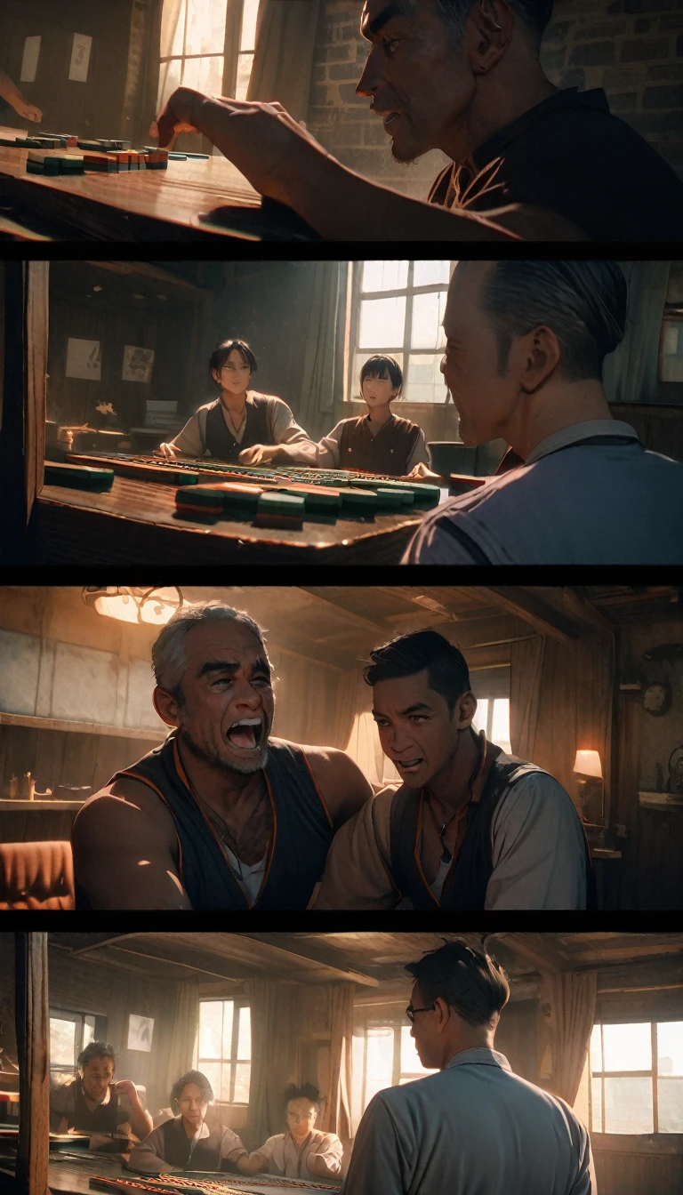 (8K, RAW photos, best quality, masterpiece: 1.4), (((Four middle-aged men playing mahjong))),Ultra-high resolution, Extremely detailed, light, Close-up of the second floor window, Greasy man, Scruffy hair, Dark skin,dark, Sleeveless vest, Open your mouth to argue,(perfect anatomy:1.2), High-quality shadows, Natural Lighting, (White highlights:1.2), night, cloudy day, (Looking inside the house from the second floor window:1.2), (Room:1.2)