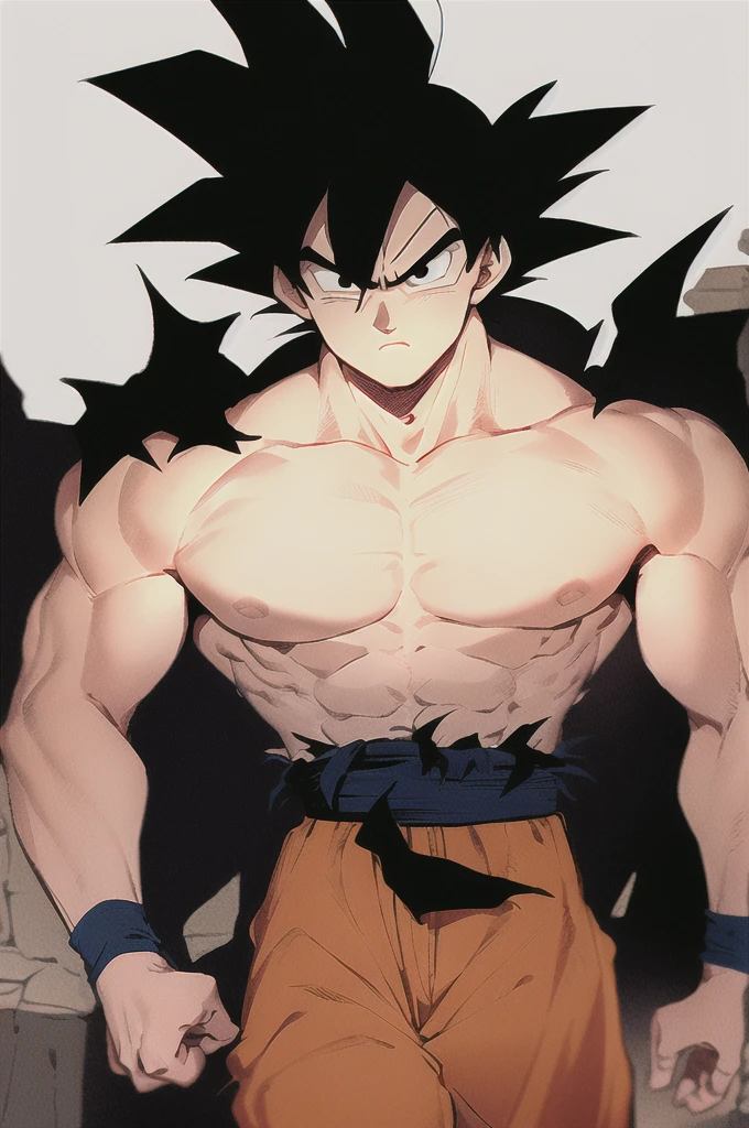 son goku, 1boy, closed mouth, male focus, muscular, muscular male, rock, sash, serious, solo, spiked hair, topless male, torn clothes, ultra instinct, black eyes, black hair, ((masterpiece))