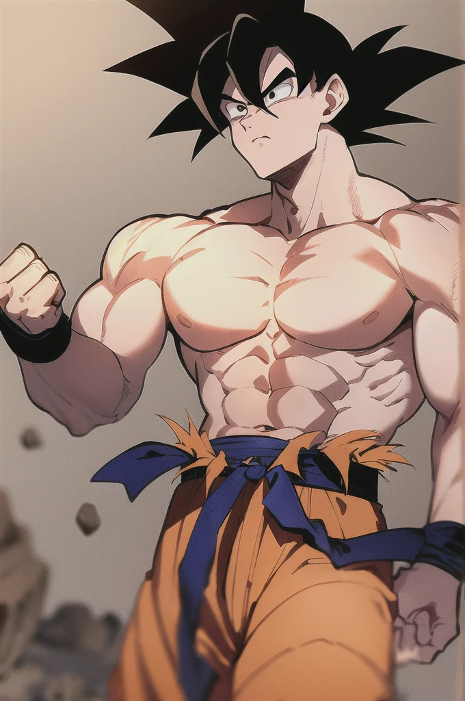 son goku, 1boy, closed mouth, male focus, muscular, muscular male, rock, sash, serious, solo, spiked hair, topless male, torn clothes, ultra instinct, black eyes, black hair, ((masterpiece))