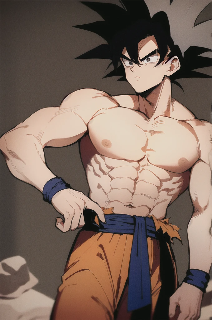 son goku, 1boy, closed mouth, male focus, muscular, muscular male, rock, sash, serious, solo, spiked hair, topless male, torn clothes, ultra instinct, black eyes, black hair, ((masterpiece))
