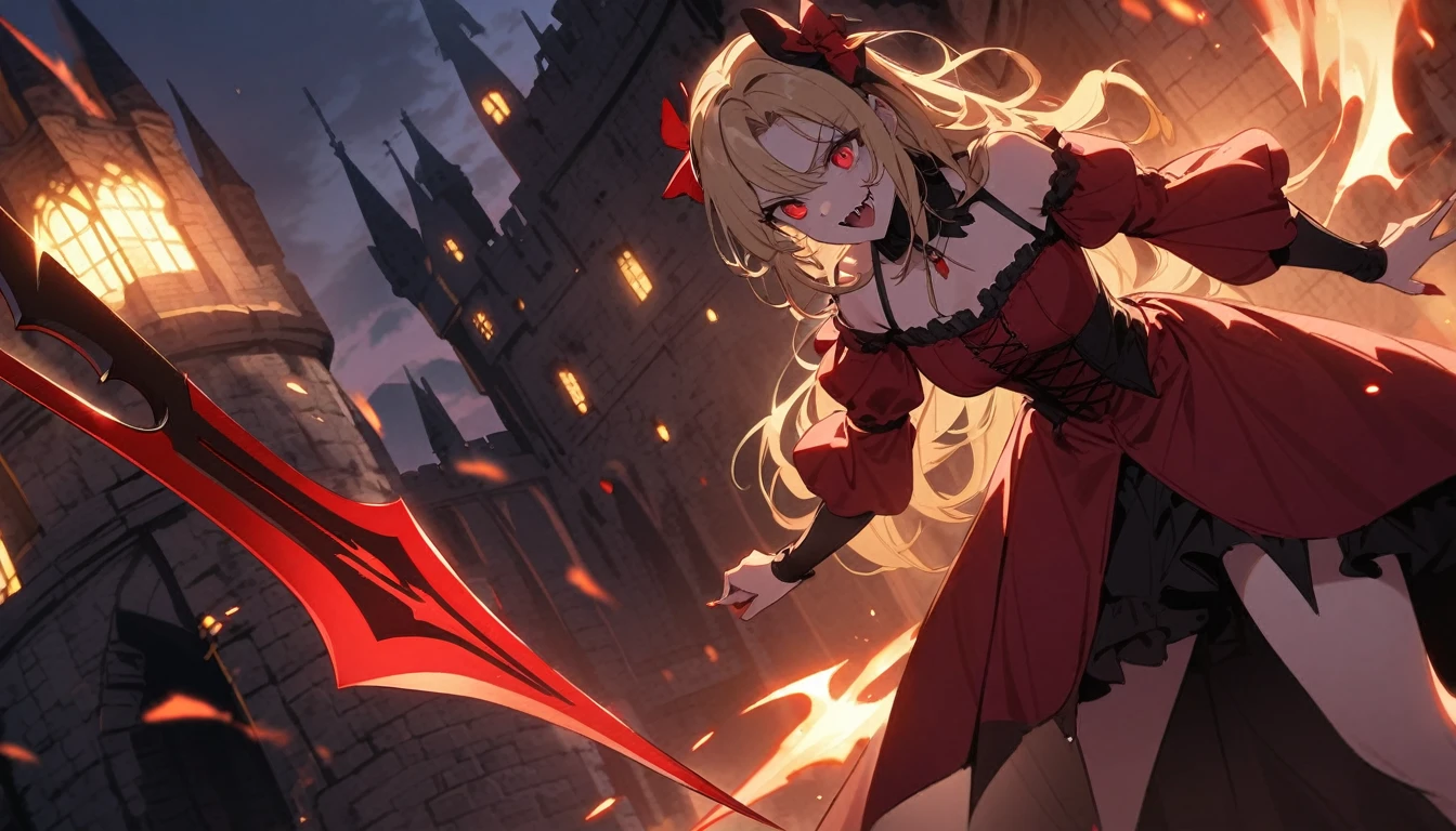 absurdres, highres,
BREAK
vampire girl, noble vampire, red dress, griping Spear of red glowing light, Gungnir, attack, red slash, blond hair, dynamic angle, Medieval castle in the background, night, vampire fangs