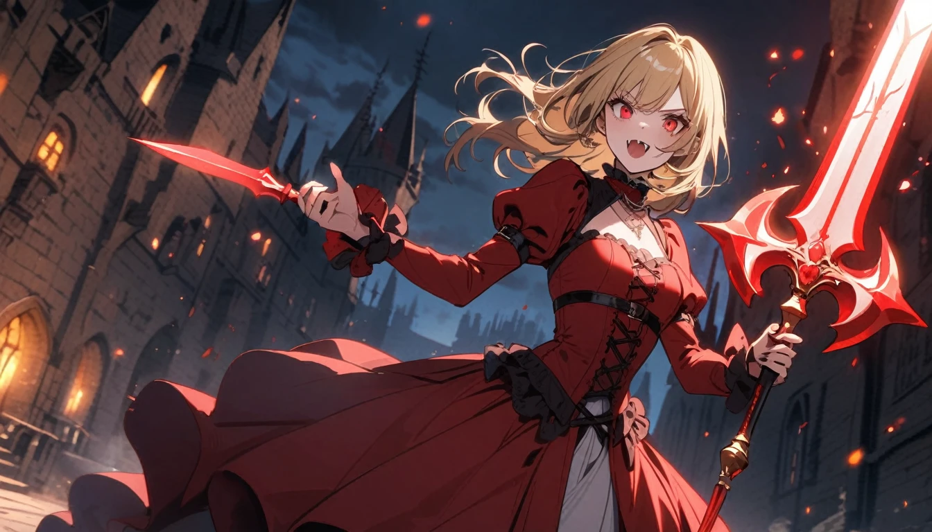 absurdres, highres,
BREAK
vampire girl, noble vampire, red dress, griping Spear of red glowing light, Gungnir, attack, red slash, blond hair, dynamic angle, Medieval castle in the background, night, vampire fangs