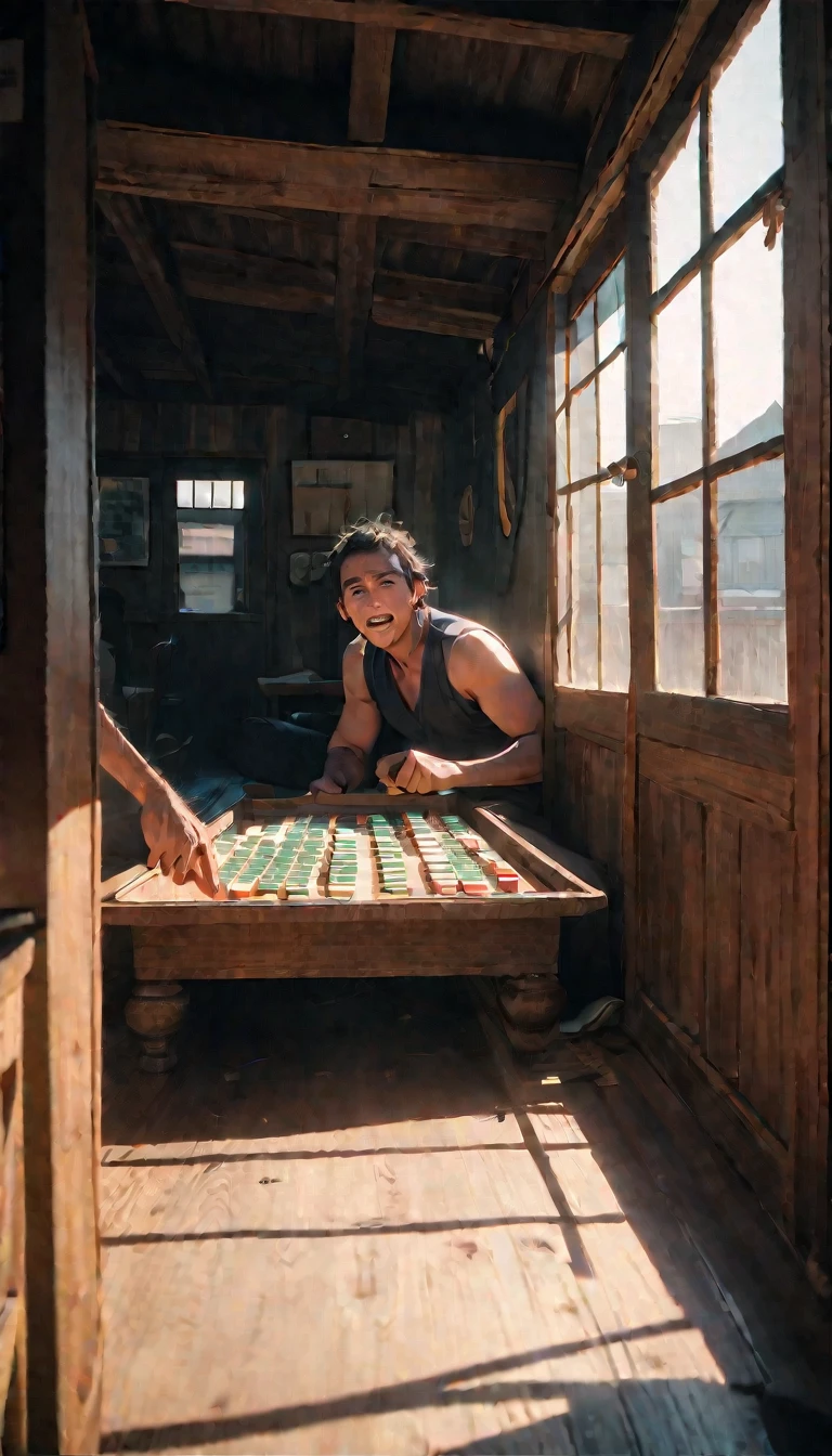 (8K, RAW photos, best quality, masterpiece: 1.4), (((Four middle-aged men playing mahjong))),Ultra-high resolution, Extremely detailed, light, Close-up of the second floor window, Greasy man, Scruffy hair, Dark skin,dark, Sleeveless vest, Open your mouth to argue,(perfect ???????:1.2), High-quality shadows, Natural Lighting, (White highlights:1.2), night, cloudy day, (Looking inside the house from the second floor window:1.2), (Room:1.2)