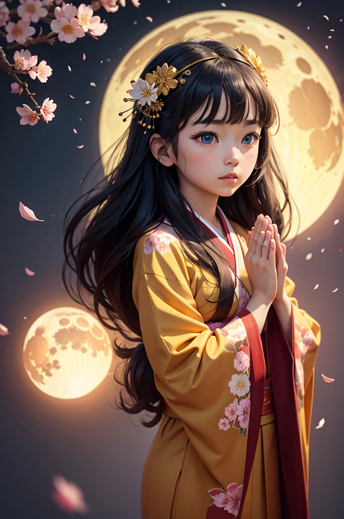 ((Praying Hands)),Upper Body,((Looking at the audience)),The orientation of the body is front,Gorgeous red kimono,Intricate patterns that complement the kimono,Long black hair,Pink cherry blossom hair accessory,Beautiful and delicate face,blue eyes,Big eyes,Extremely fine resolution,Highest quality,Golden Background,((Golden Moon)),Mysterious,Cherry Blossoms at Night