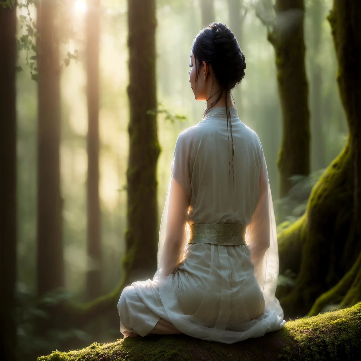 there is a woman sitting on a meditation cushion, sitting in the room, ethereal back light, zen meditation, forest soul, in serene forest setting, portrait shot, ethereal beauty, mystical purity, meditation, goddess of the forest, buddhist, peaceful expression, zen feeling, meditating, with ethereal light, forest ritual, amidst nature, ethereal light