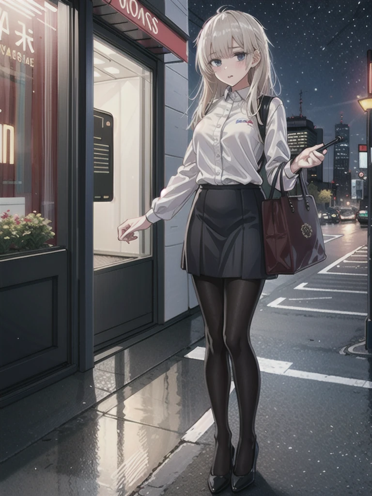 1girl, solo, female, ak-74m, white shirt, standing, full body shot's, blue skirt, outdoor, night, 4k, bokeh, pantyhose, carying a bag, mature woman, a date, one bag, high heels
