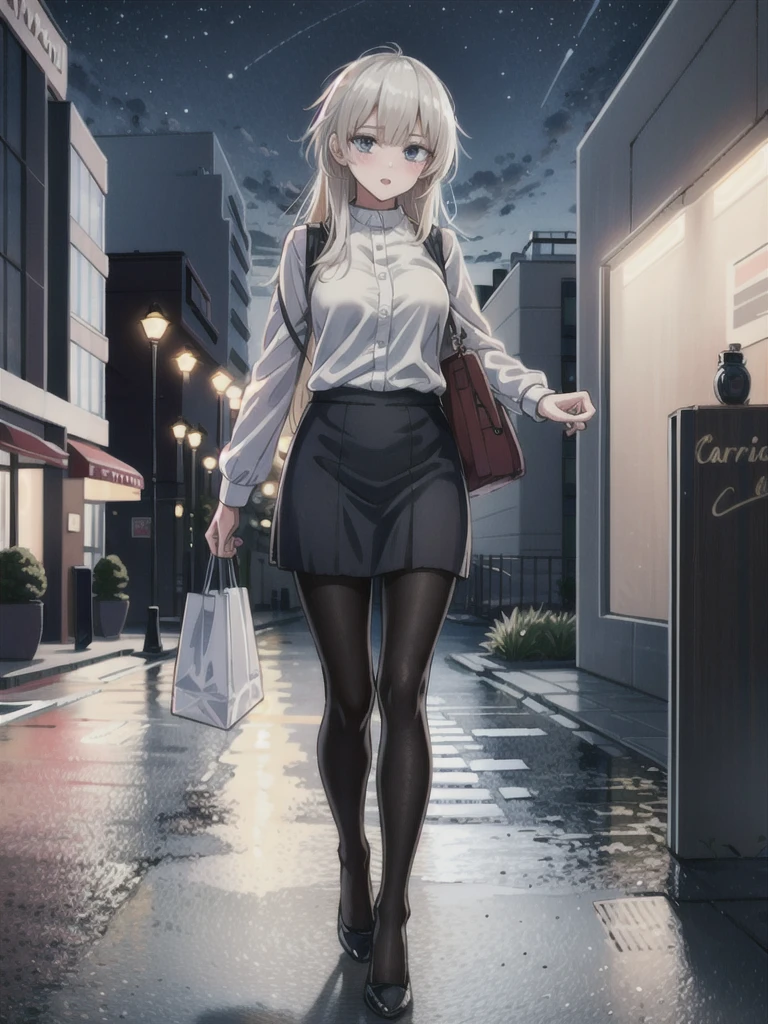 1girl, solo, female, ak-74m, white shirt, standing, full body shot's, blue skirt, outdoor, night, 4k, bokeh, pantyhose, carying a bag, mature woman, a date, one bag, high heels