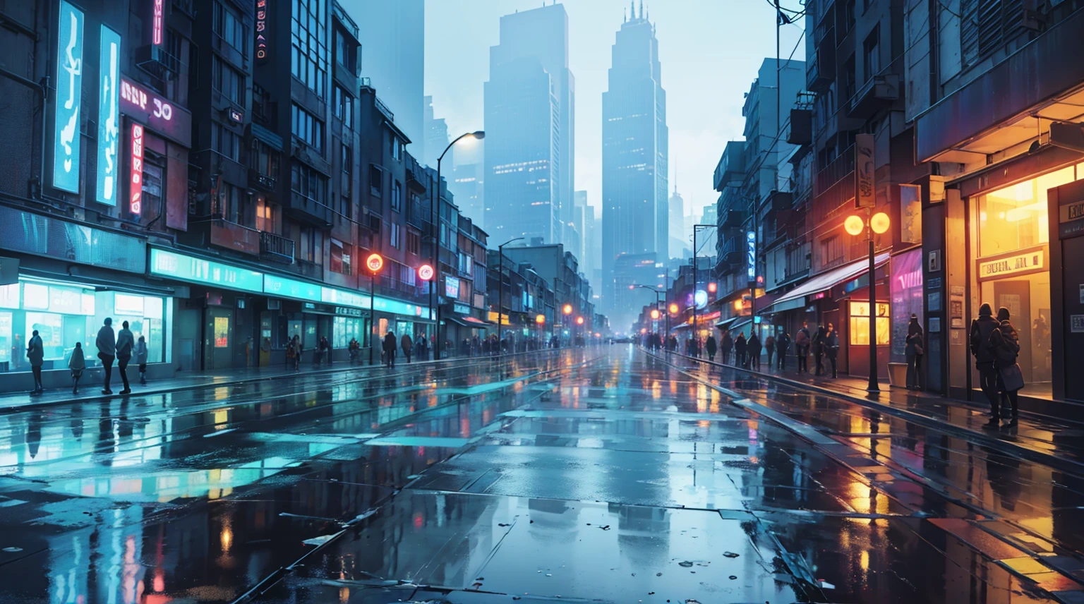 cityscape background. Lots of LED lights, Illuminating the night, Reflection of buildings in puddles on the ground. Movie, 8K, Rich in details