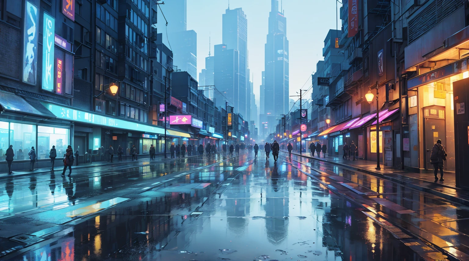 cityscape background. Lots of LED lights, Illuminating the night, Reflection of buildings in puddles on the ground. Movie, 8K, Rich in details