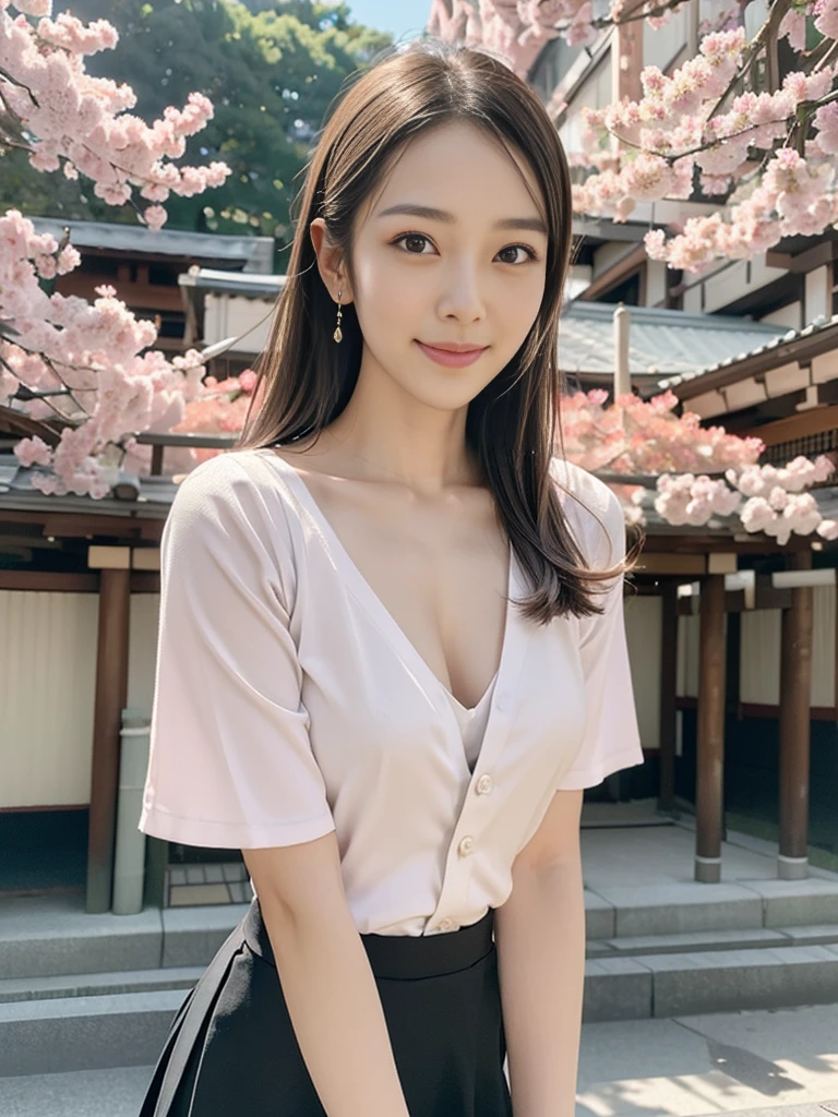 Drooping collar, A slightly visible bra under the shirt,Looking down,Leaning forward,(((A small valley is visible))),skirt,One girl, Looking_in_Audience, smile, Japan, Tokyo, Cherry Blossom, Octane Rendering, 一人in, Very skinny,V-neck business suit,A neat image,Mature Woman