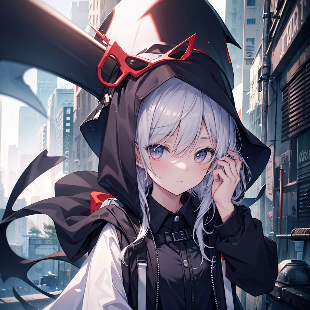 (((grim Reaper's size))) (((Gray Hair short hair blue eyes woman chest))),((night full moon My own big wings)),(Wearing a hood Black camisole Purple light), A tense look Shining Background Shining Edges