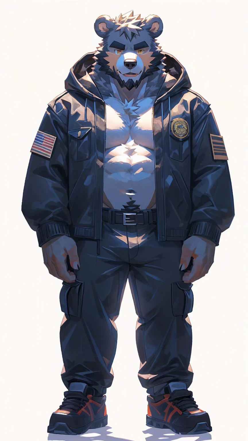(masterpiece:1.2), best quality,pixiv,official art,perfect anatomy, (Ray tracing, light),solo, (1_male:1.3) , (muscle), (grey fur:1.4), (muscle bear), (beard:1.2), (gleaming golden eyes), bear tail, full body, Thick black eyebrows,(open hooded parka), (naked inside), jeans, (cargo pants:1.2), black shoes, (pure white background: 1.3)