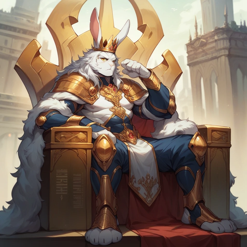 Rabbit man with crown sitting on his throne in a futuristic city and golden letters with the words KING, RABBIT golden letters on the back with the words KING RABBIT