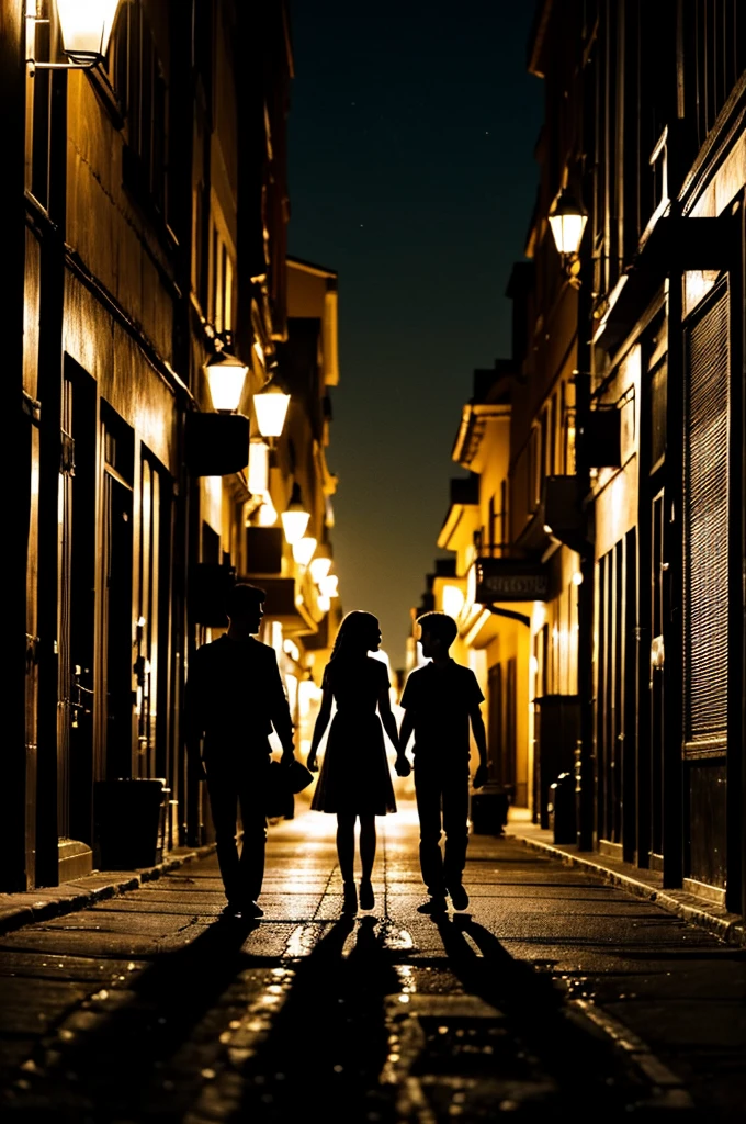 A silhouette of a girl and a boy walking in different directions, the background being night