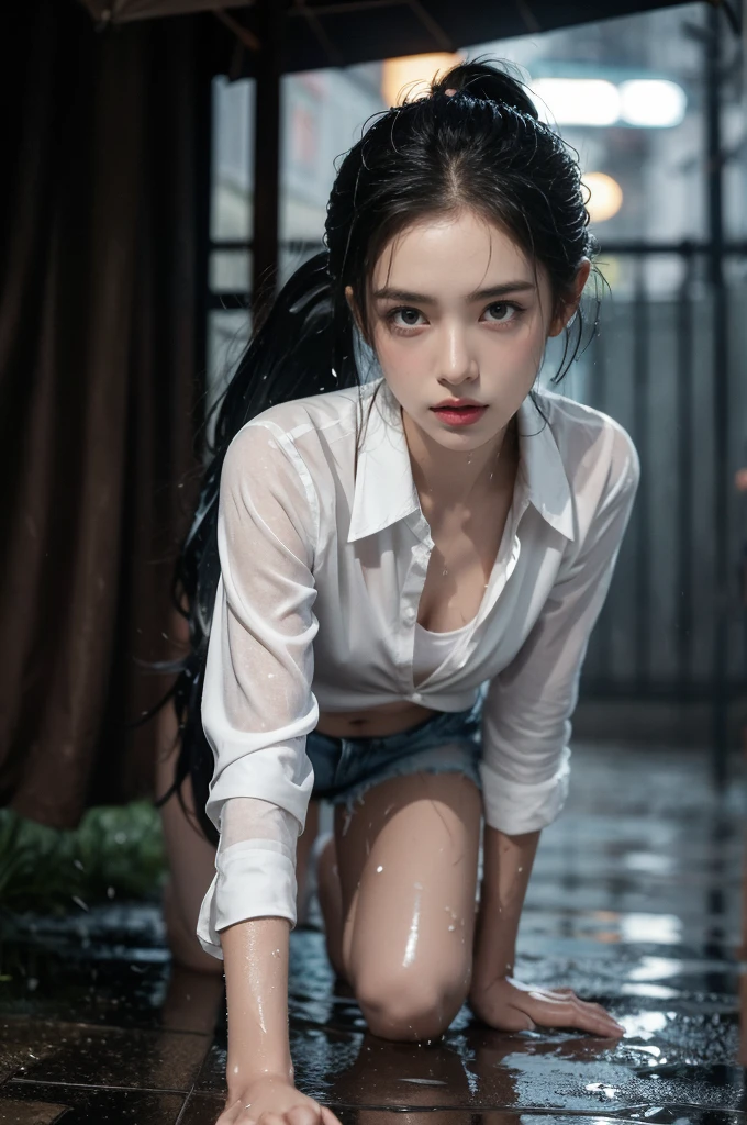 (((best quality))),(((ultra detailed))),(((masterpiece))),illustration,1girl, young,solo, slim,thin,short ponytail,small breasts,flat chest,white collared shirt,cleavage,navel,shorts,arms behind back,slender legs,boots,rainy night, heavy rain, drenched clothes, melancholy expression, solitude, tear rolling down cheek, wet hair, empty streets, dimly lit, deserted environment, sound of rain, footsteps, symbol of hope, abandoned, resilience, determination, walking in rain, heartbreak, loss, love fading, loneliness, body language, facial expression, dreary atmosphere, rain-soaked streets, somber mood, viewer engagement,from front,urban scape,night scene,(((wet,sweat,shiny skin))),((crawling on the ground,all fours)),