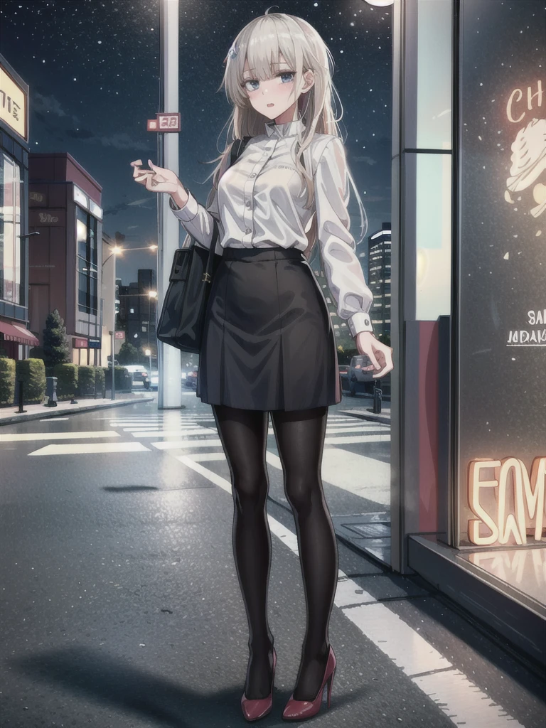 1girl, solo, female, ak-74m, white shirt, standing, full body shot's, blue skirt, outdoor, night, 4k, bokeh, pantyhose, carying a bag, mature woman, a date, one bag, high heels