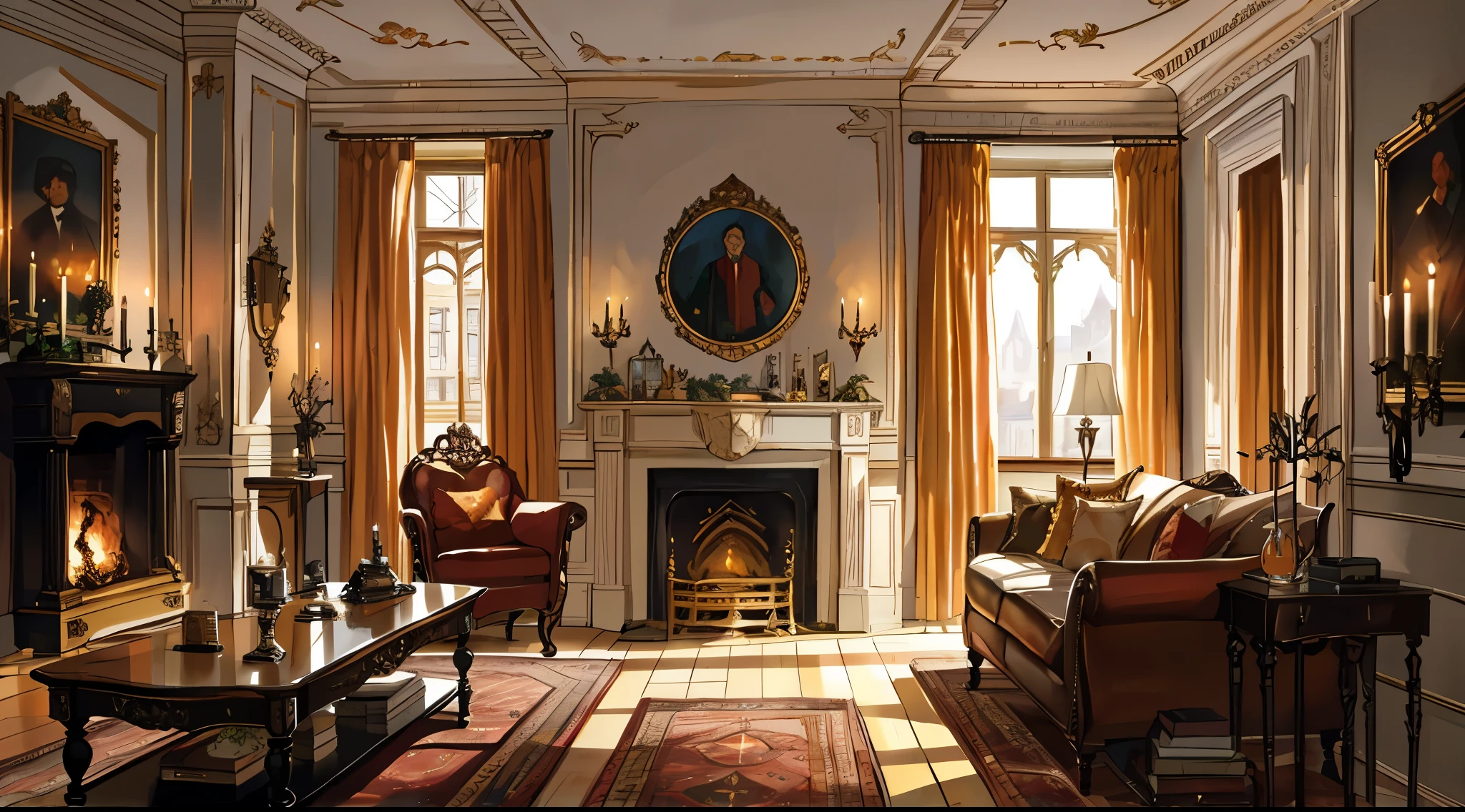 (best quality,masterpiece:1.2,detailed details,4k),Middle Ages, a gorgeous mafia boss's office,,Interior, victorian Manor with reliquies, (((Nigth))), (((moonligth enters the living room))) soft pale orange palette, soft secundary exterior ligth