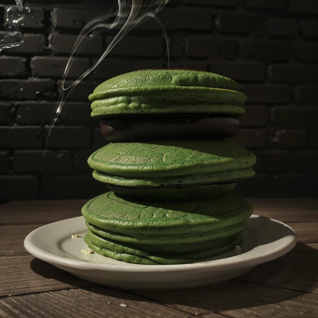 Generate soft textured green pancakes (surface is non-symmetrical) folded on both ends and then rolled into small cylindrical shapes with grated coconut on top. served in a plate, a bit smoke. Black brick wall, lantern,milk tea on glass,studio lighting, food photography,high details,hyper fidelity