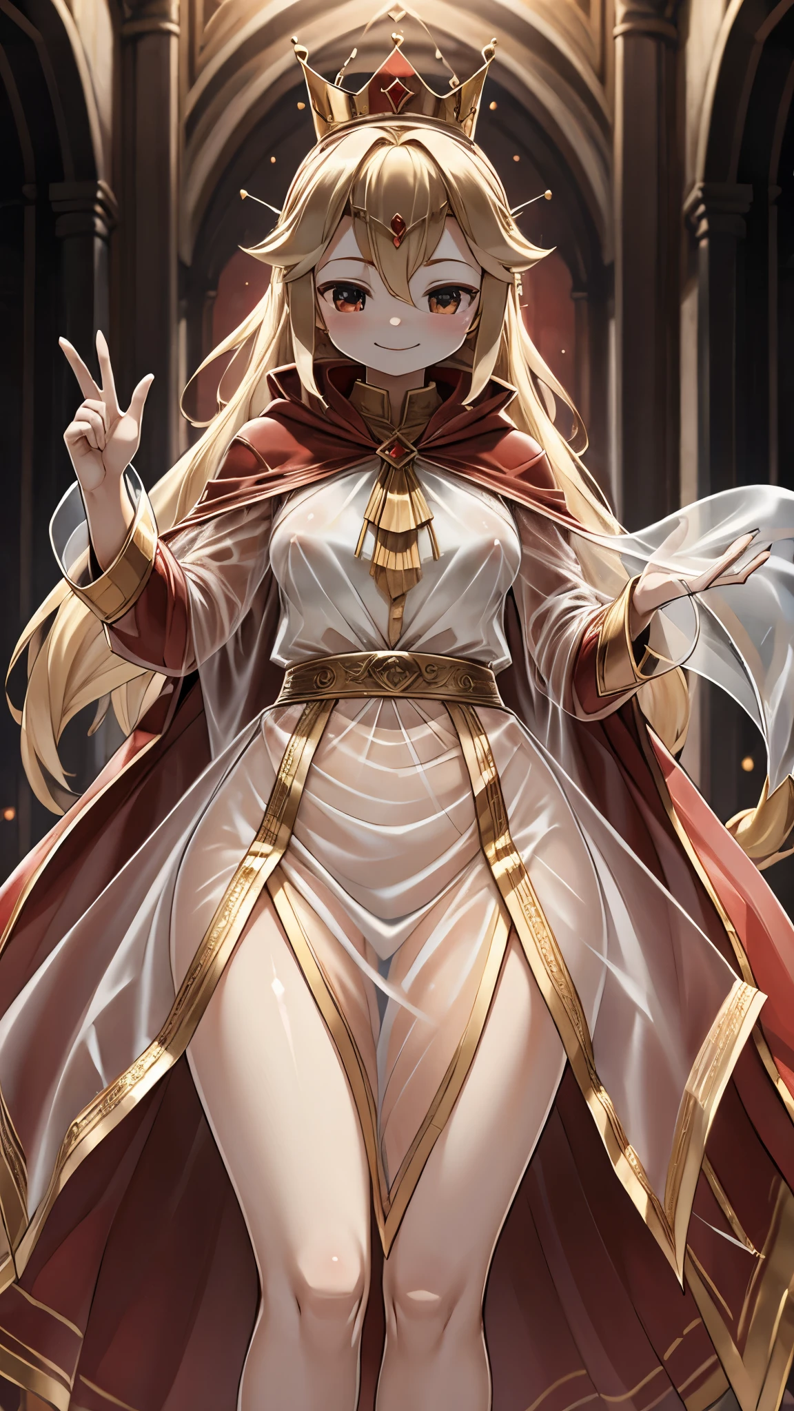 Queen，Innocent expression，Innocent smile，crown，redcloak，Blonde， red，redcloak，cloak，Transparent skirt，Transparent textured skirt，Transparent textured skirt，Transparent shirt，Transparent coat，Transparent coat，Transparent coat，Translucent raincoat，Bottom lining，内衬搭配Transparent coat，半Transparent coat，No nsfw content，Review，Transparent coat，Transparent textured skirt，内容Review