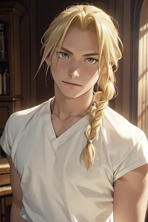 masterpiece, best quality, wallpaper, 1boy, solo, male focus, looking at viewer, realistic, [edward_elric|blonde ikemen] blonde hair, yellow eyes, braid, single braid, braided ponytail, single mechanical arm, 32k resolution, (upper body:1.5)