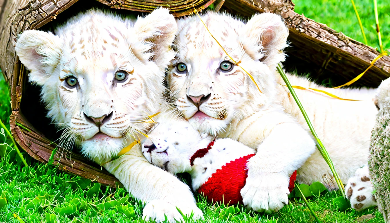 WHITE LION CUBS WITH RED, GREEN AND YELLOW LINES ON FACE