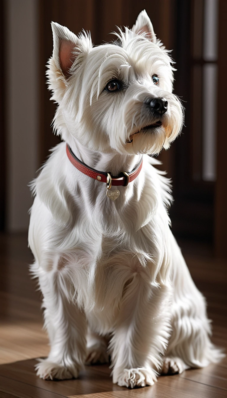 There is no one, realistic photo, photo realism, realism, West Highland White Terrier (West Highland White Terrier), perfect composition, intricate details, Very sharp, masterpiece, profile, high resolution, looking at the viewer, Full body photo in a comfortable atmosphere indoors