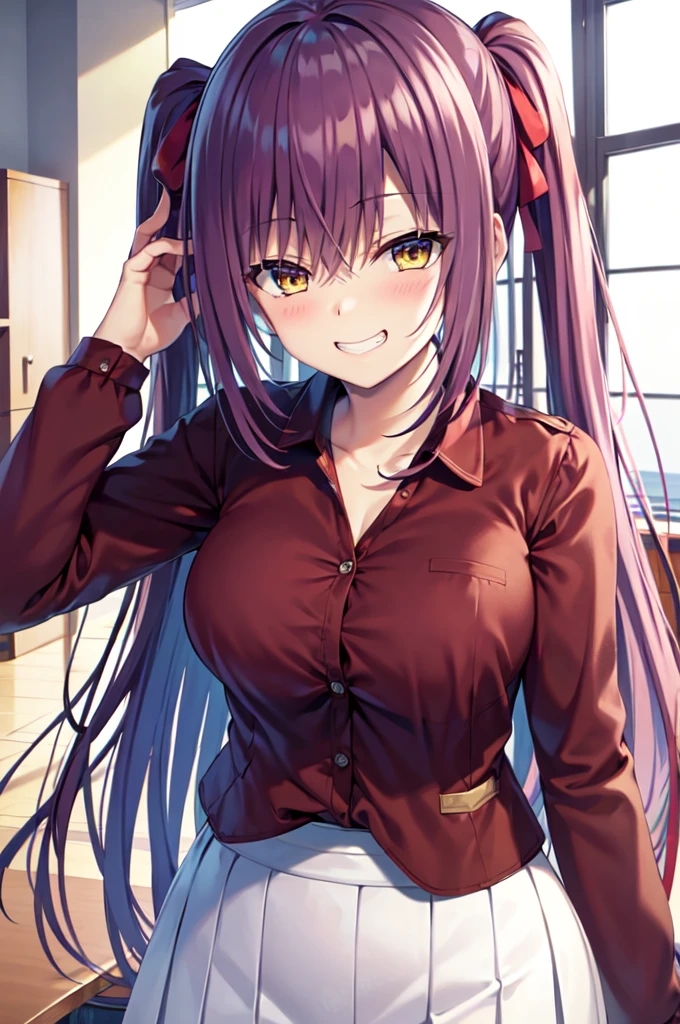 Masterpiece, best quality, highres, upper body, close up, detailed eyes, red hair, yellow eyes, long hair, blush, uniform, large breaast, ((hair down)), very long hair, grin, table, indoors, windows, sky