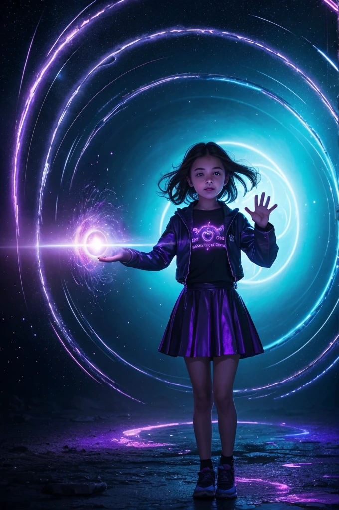 "A young girl stands before a shimmering portal, her hand outstretched tentatively. The portal crackles with energy, swirling colors of blue and purple enticingly. She takes a deep breath, her eyes wide with excitement and a hint of fear, before stepping forward courageously, disappearing into the unknown."