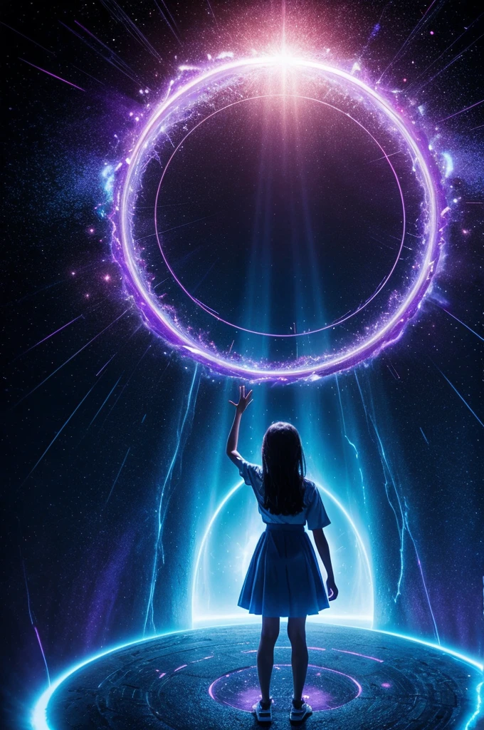 "A young girl stands before a shimmering portal, her hand outstretched tentatively. The portal crackles with energy, swirling colors of blue and purple enticingly. She takes a deep breath, her eyes wide with excitement and a hint of fear, before stepping forward courageously, disappearing into the unknown."
