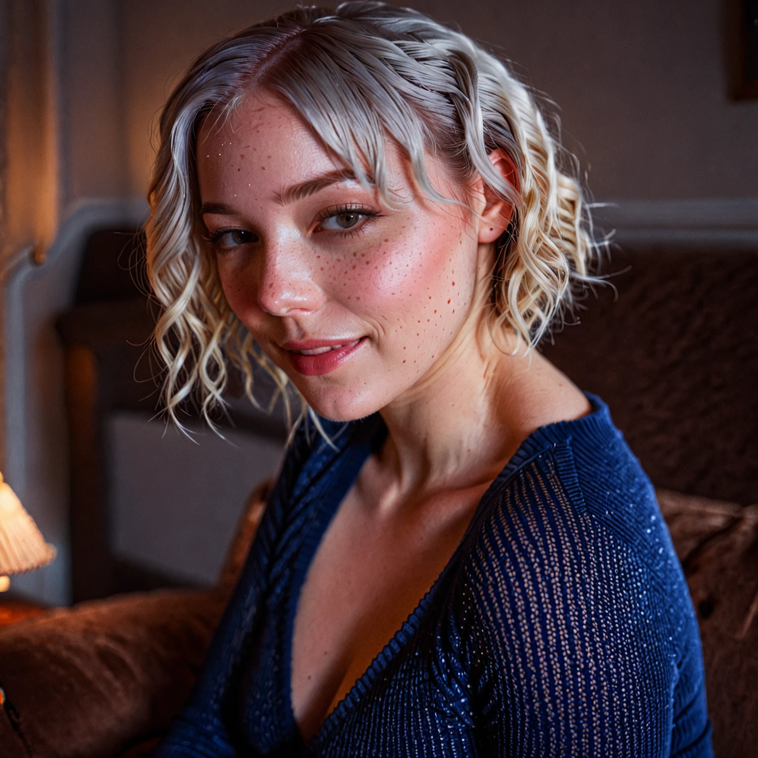 Super Closeup Portrait, pureerosface_v1, no bra, self stroking, high quality, , blushed shy smile, Freckles, Pale Skinned, wearing deep blue skintight knitted Bodysuit, White braided hair, next to a cozy Brown corduroy couch, warm lighting, Canon EOS, Sci-fi vibe, dirty, noisy, Vintage monk style, very detailed, hd, ( CINEMATIC masterpiece, best quality, gorgeous, hot, cinematic lighting:0.4), (film grain, bokeh:0.6)