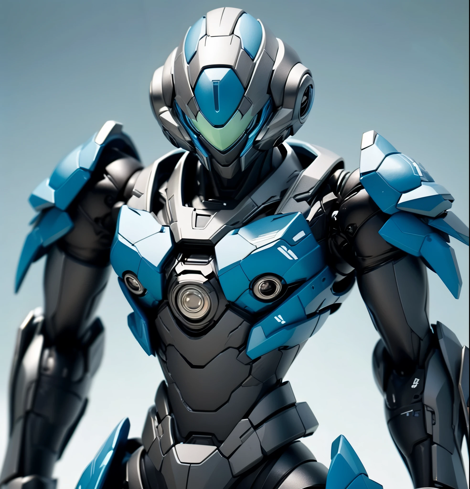Robot, bright background, light style, blue armor, fresh colors,
