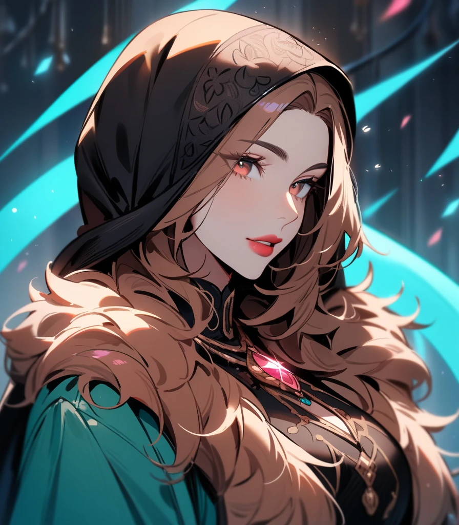Mature girl (( Highly detailed, high resolution, best quality )) Scarf, hijab, black dress, neon cyan peach coat, stunning, elegant, rosy cheeks, reddish lips, brown crystal eyes 