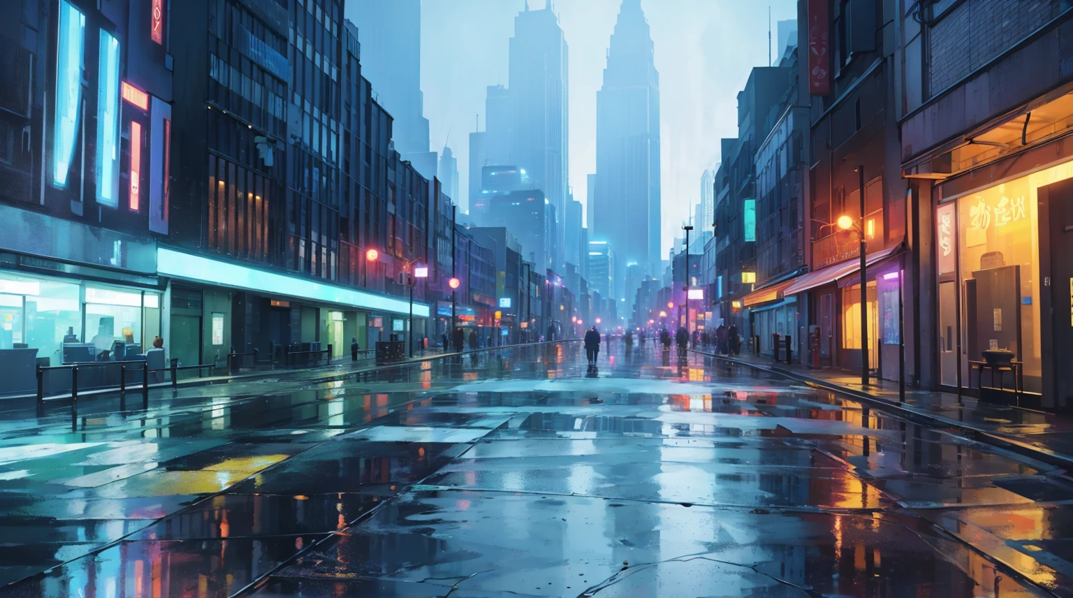 cityscape background. Lots of LED lights, Illuminating the night, Reflection of buildings in puddles on the ground. Movie, 8K, Rich in details
