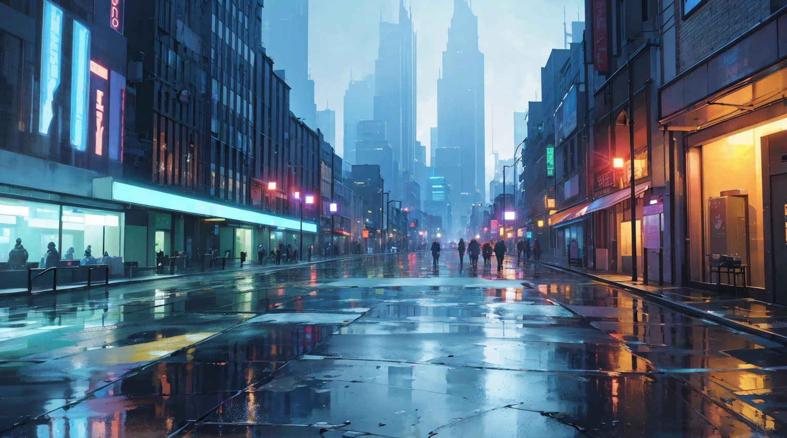 cityscape background. Lots of LED lights, Illuminating the night, Reflection of buildings in puddles on the ground. Movie, 8K, Rich in details