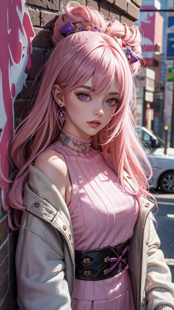 1girl,solo,intricate details,chromatic aberration,realistic,long hair,pink hair,red head ornament,pink highlights,hair over one eye,purple eyes,earrings,sharp eyes,choker,neon shirt,torn legwear,open jacket,turtleneck sweater,night,against wall,brick wall,graffiti,dim lighting,alley,looking at viewer,