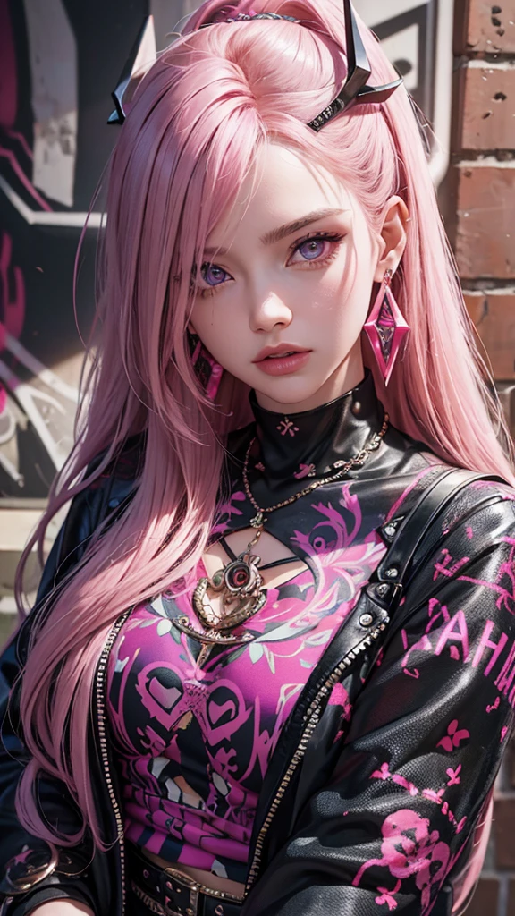 1girl,solo,intricate details,chromatic aberration,realistic,long hair,pink hair,red head ornament,pink highlights,hair over one eye,purple eyes,earrings,sharp eyes,choker,neon shirt,torn legwear,open jacket,turtleneck sweater,night,against wall,brick wall,graffiti,dim lighting,alley,looking at viewer,