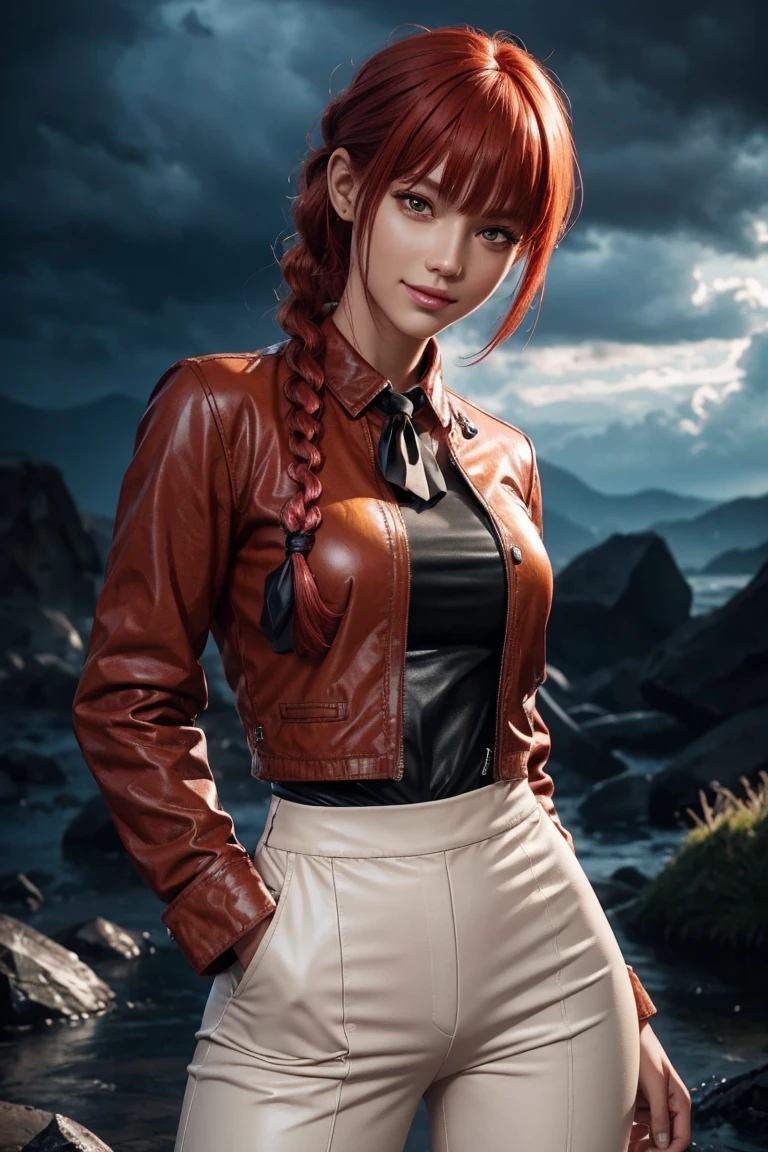 Chainsaw Man,Makima,With bangs,Red Hair,Braids at the back,Yellow eyes,White long sleeve shirt,Black tie,Black Leather Pants,Ultra HD,super high quality,masterpiece,Digital SLR,Photorealistic,Detailed details,Vivid details,Depicted in detail,A detailed face,Detailed details,Super Detail,Realistic skin texture,Anatomical basis,Perfect Anatomy,Anatomically correct hand,Anatomically correct fingers,Complex 3D rendering,Sexy pose,Rainy Sky,Beautiful scenery,Fantastic rainy sky,Picturesque,Pink Lips,smile,