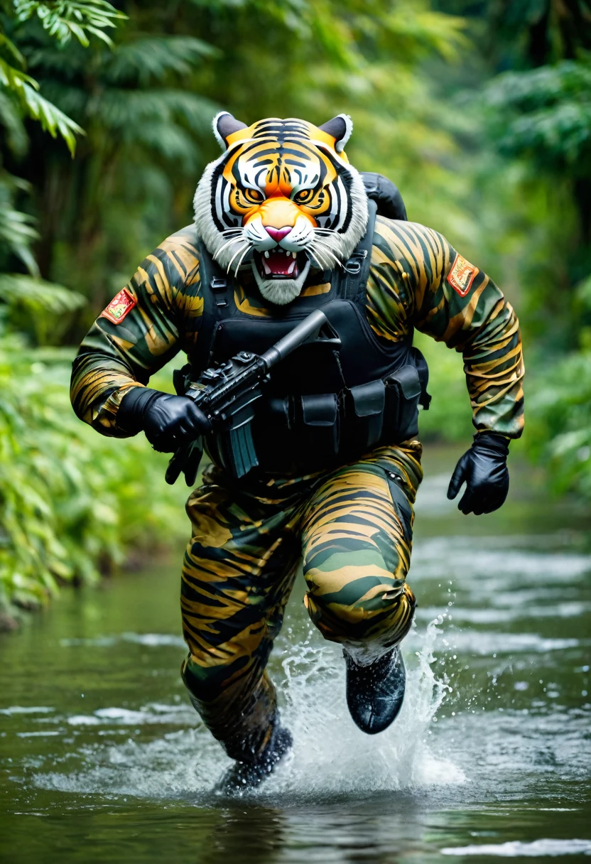 (a dark-skinned fat muscular old man in a bulky army camouflage zipper diver suit) running and shooting with a rifle, (wearing realistic roaring siberian tiger mask), muscular, Bruce Onobrakpeya, sumatraism, stanley artgermm, action, heroic, fierce, snarling