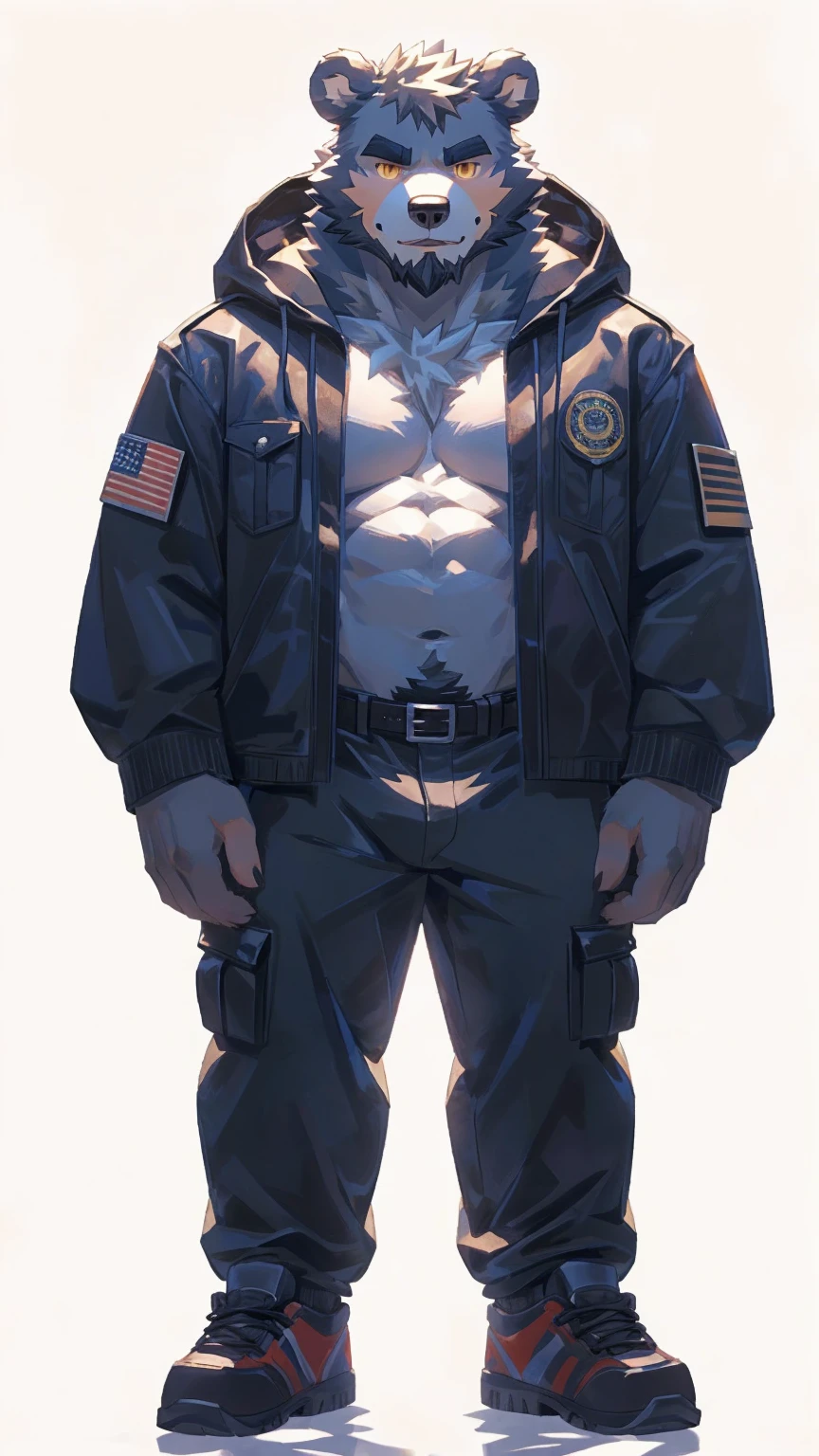(masterpiece:1.2), best quality,pixiv,official art,perfect anatomy, (Ray tracing, light),solo, (1_male:1.3) , (muscle), (grey fur:1.4), (muscle bear), (beard:1.2), (gleaming golden eyes), bear tail, full body, Thick black eyebrows,(open hooded parka), (naked inside), jeans, (cargo pants:1.2), black shoes, (pure white background: 1.3)