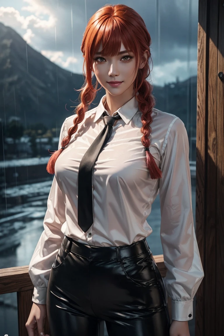 Chainsaw Man,Makima,With bangs,Red Hair,Braids at the back,Yellow eyes,White long sleeve shirt,Black tie,Black Leather Pants,Ultra HD,super high quality,masterpiece,Digital SLR,Photorealistic,Detailed details,Vivid details,Depicted in detail,A detailed face,Detailed details,Super Detail,Realistic skin texture,Anatomical basis,Perfect ???????,Anatomically correct hand,Anatomically correct fingers,Complex 3D rendering,Sexy pose,Rainy Sky,Beautiful scenery,Fantastic rainy sky,Picturesque,Pink Lips,smile,